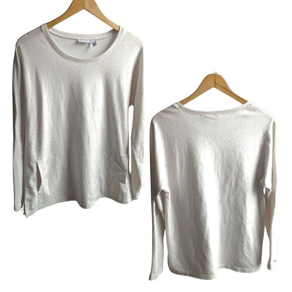 WEEKENDS BY CHICO'S Cream Leopard Print LongSleeve Top Round Neck Pockets Size 1 - Picture 1 of 8